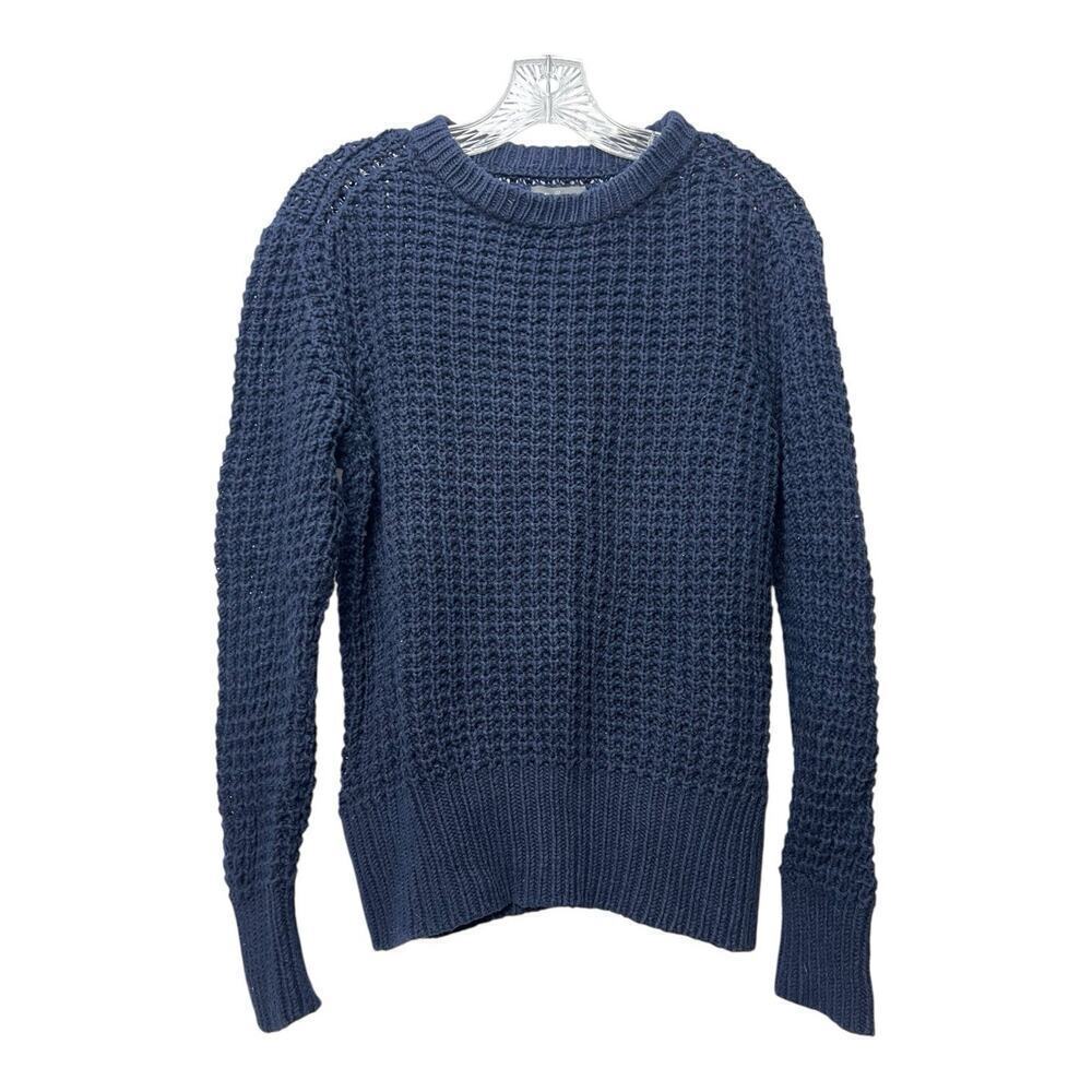 LL Bean Signature Womens Sweater Large Blue Chunky Fisherman Crochet